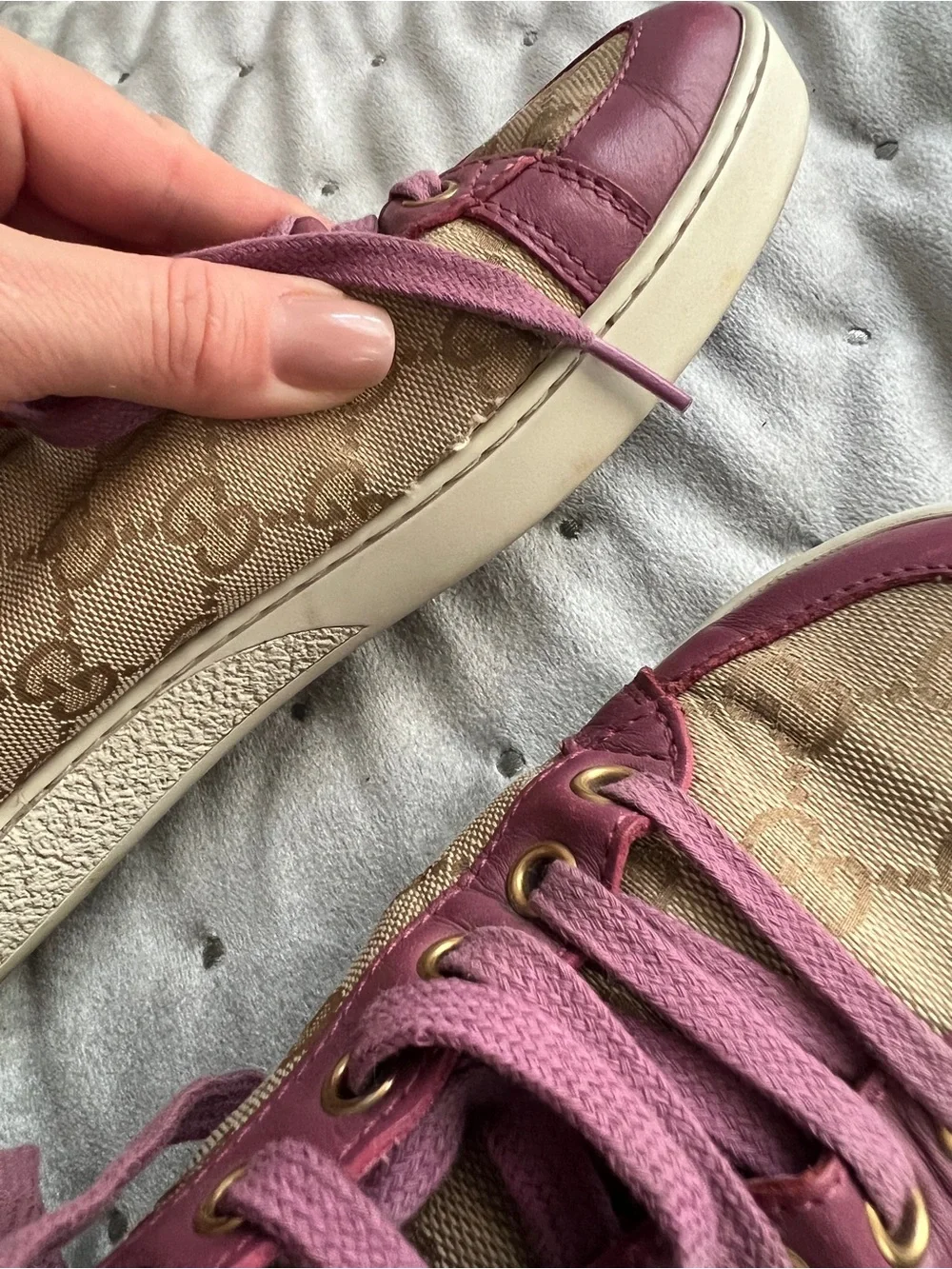 Gucci Beige GG Canvas High-Top Sneakers with Pink Trim